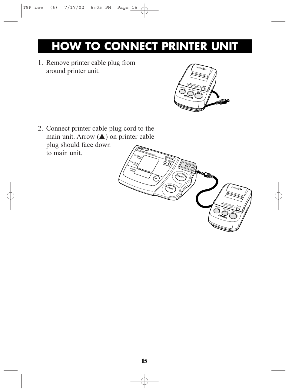 Title, How to connect printer unit | Omron Healthcare T9P User Manual | Page 15 / 28
