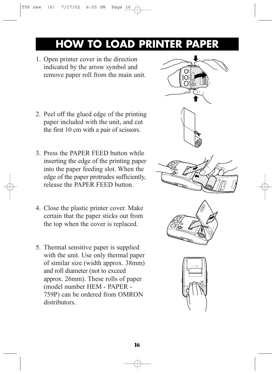 Title, How to load printer paper | Omron Healthcare T9P User Manual | Page 16 / 28