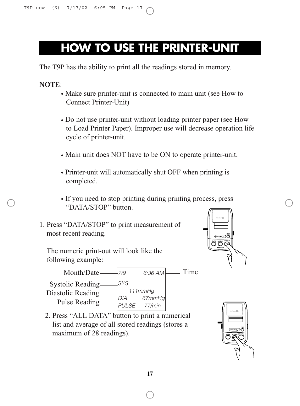 Title, How to use the printer-unit | Omron Healthcare T9P User Manual | Page 17 / 28