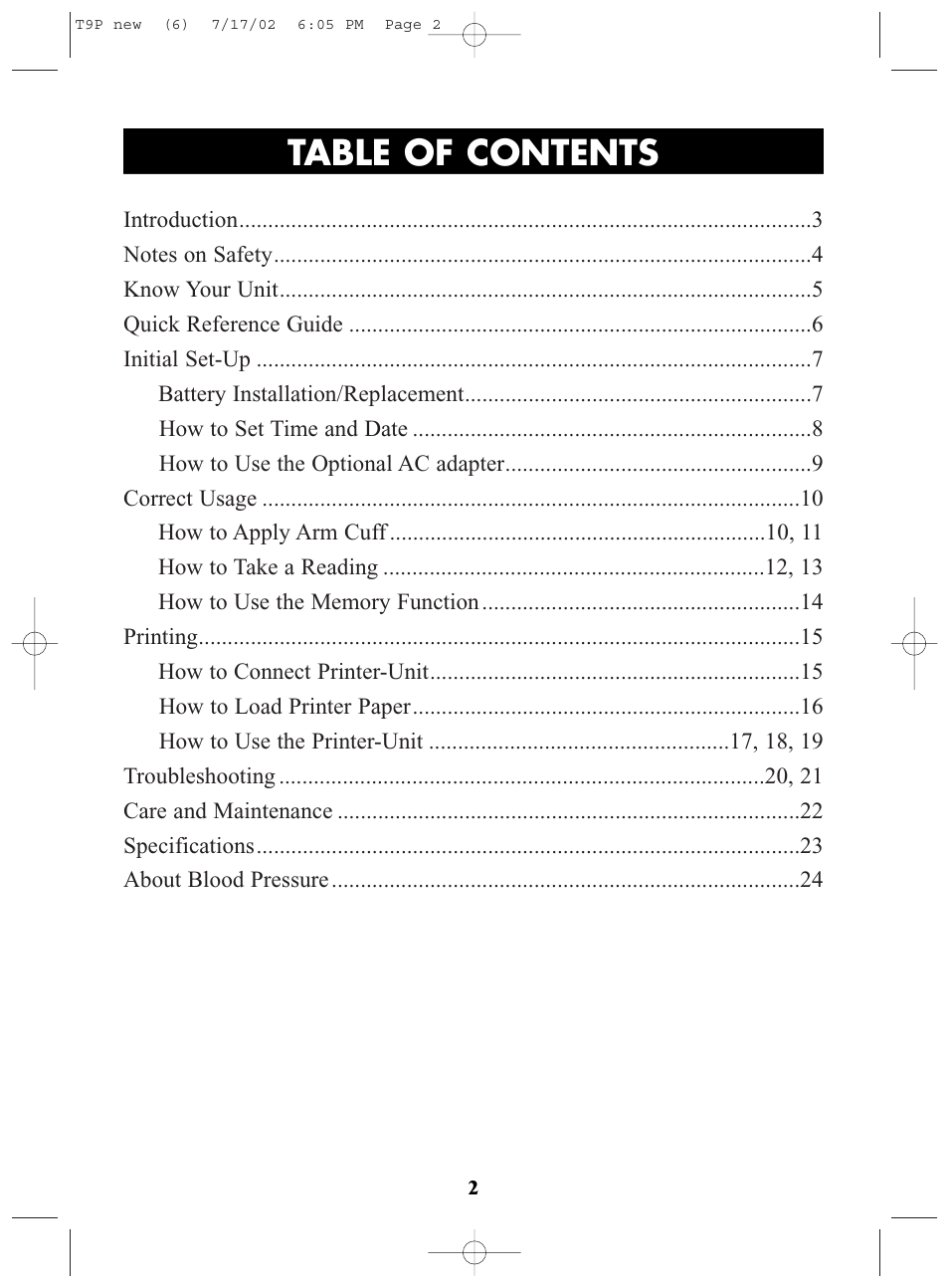 Title, Title table of contents | Omron Healthcare T9P User Manual | Page 2 / 28