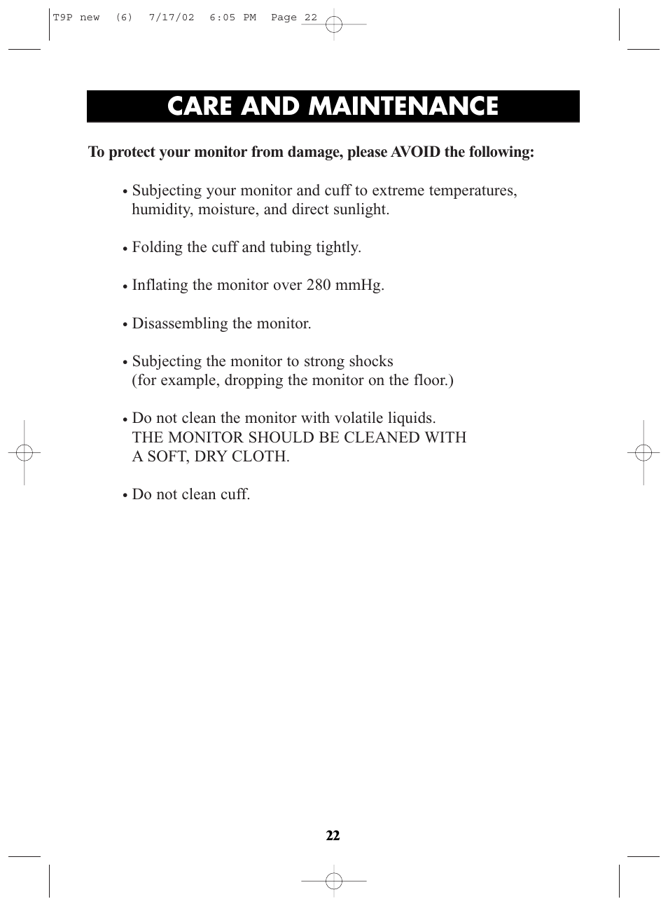 Title, Care and maintenance, Folding the cuff and tubing tightly | Inflating the monitor over 280 mmhg, Disassembling the monitor, Do not clean cuff | Omron Healthcare T9P User Manual | Page 22 / 28