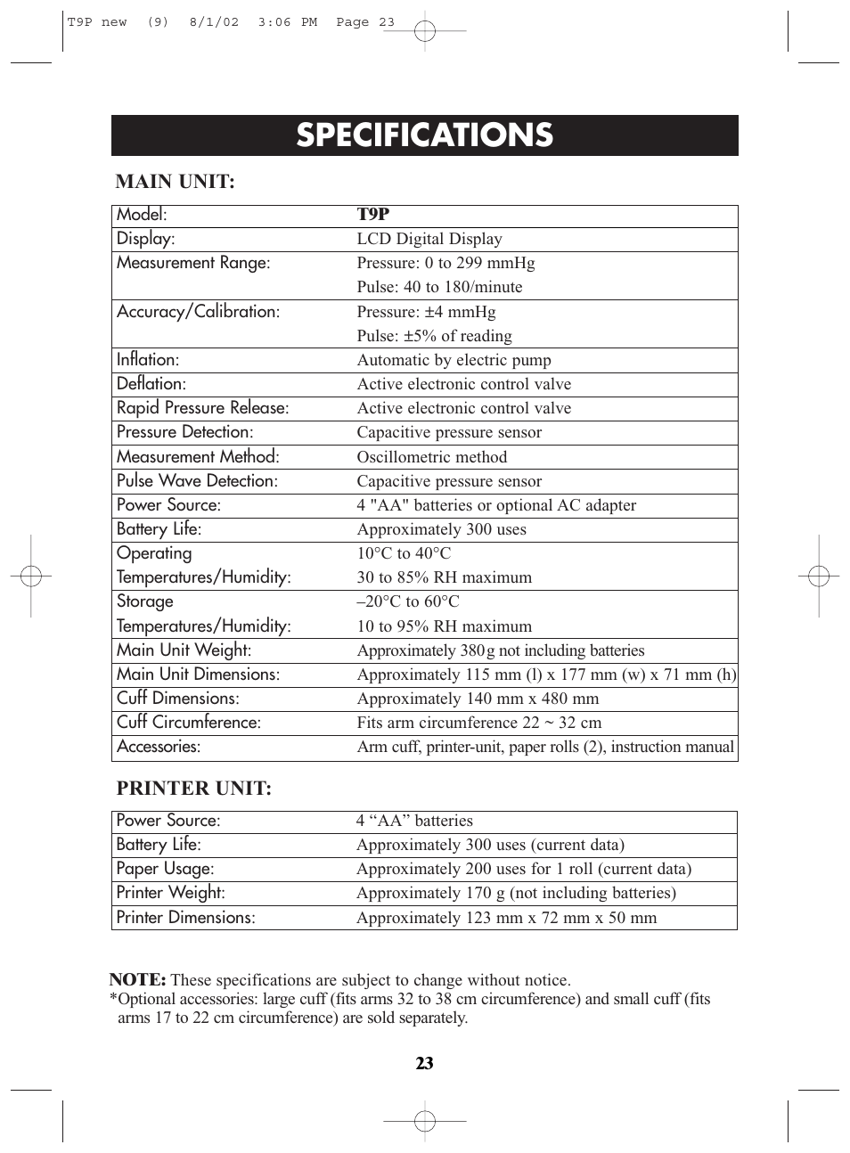 Title, Specifications, Printer unit | Main unit | Omron Healthcare T9P User Manual | Page 23 / 28