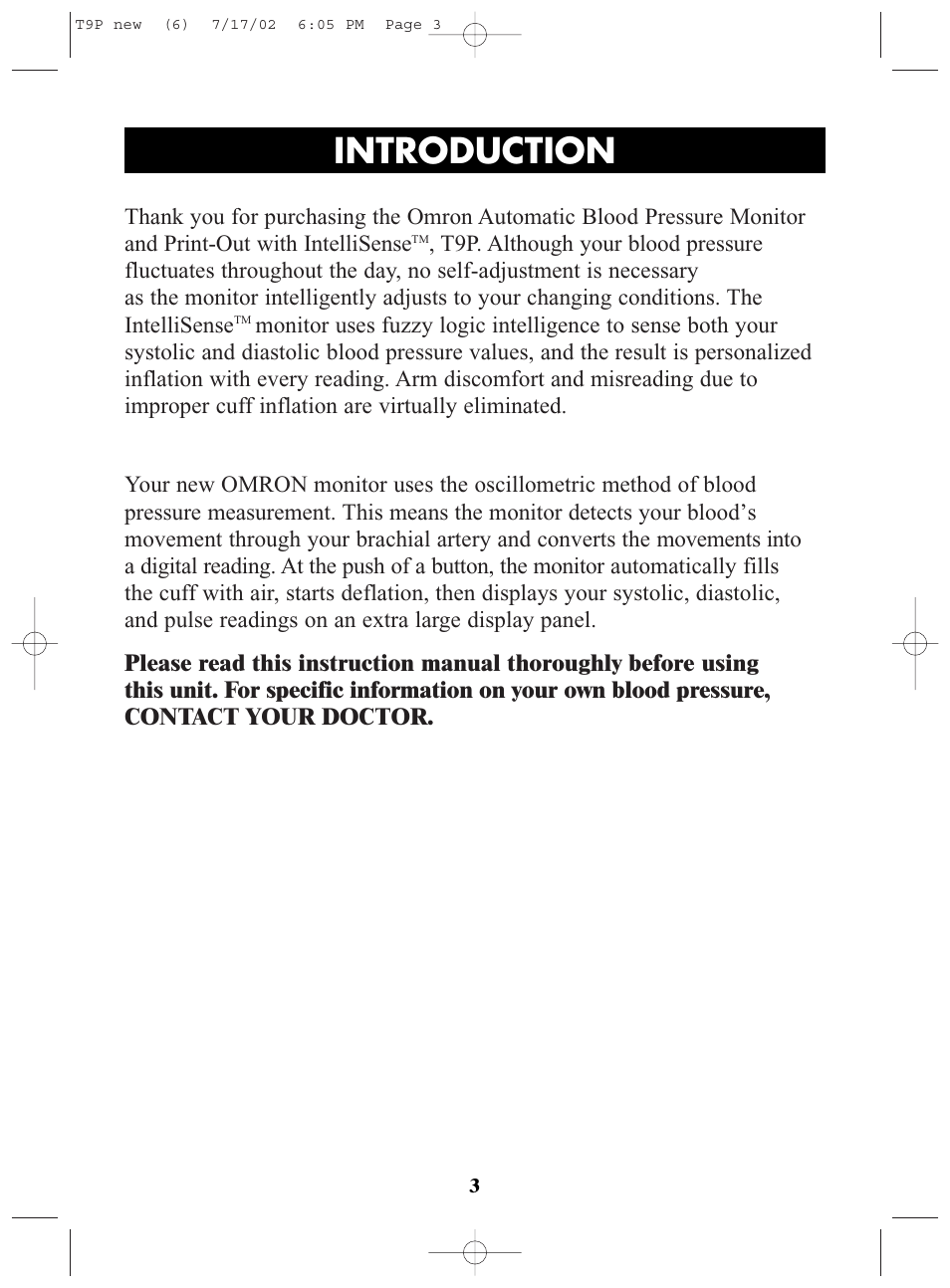 Title, Title introduction | Omron Healthcare T9P User Manual | Page 3 / 28