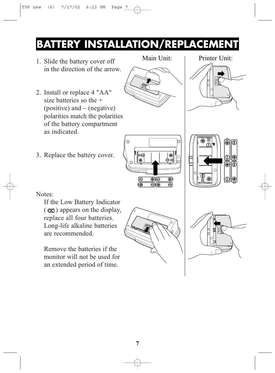 Title, Battery installation/replacement | Omron Healthcare T9P User Manual | Page 7 / 28