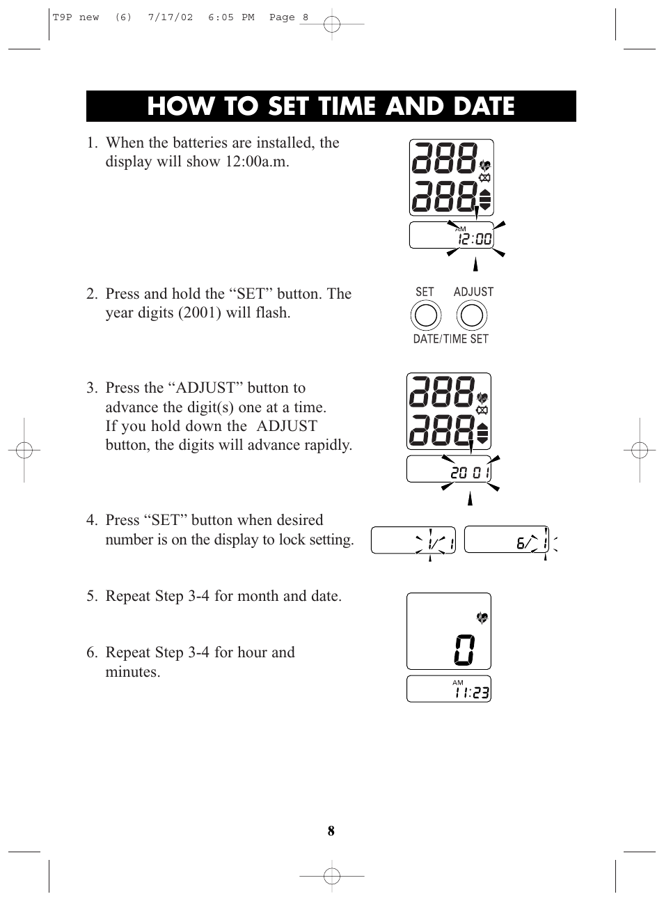 Title, How to set time and date | Omron Healthcare T9P User Manual | Page 8 / 28