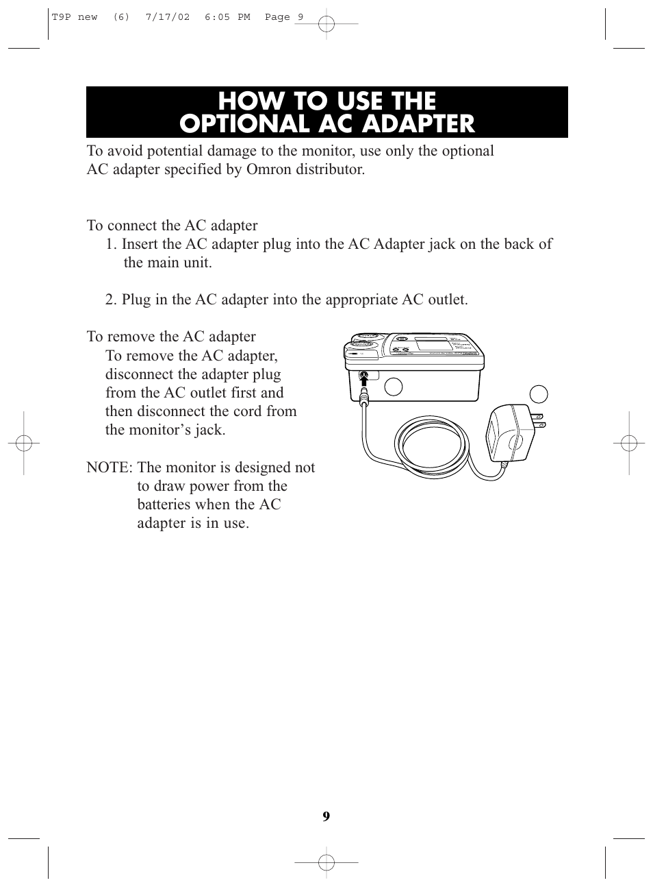Title, How to use the optional ac adapter | Omron Healthcare T9P User Manual | Page 9 / 28
