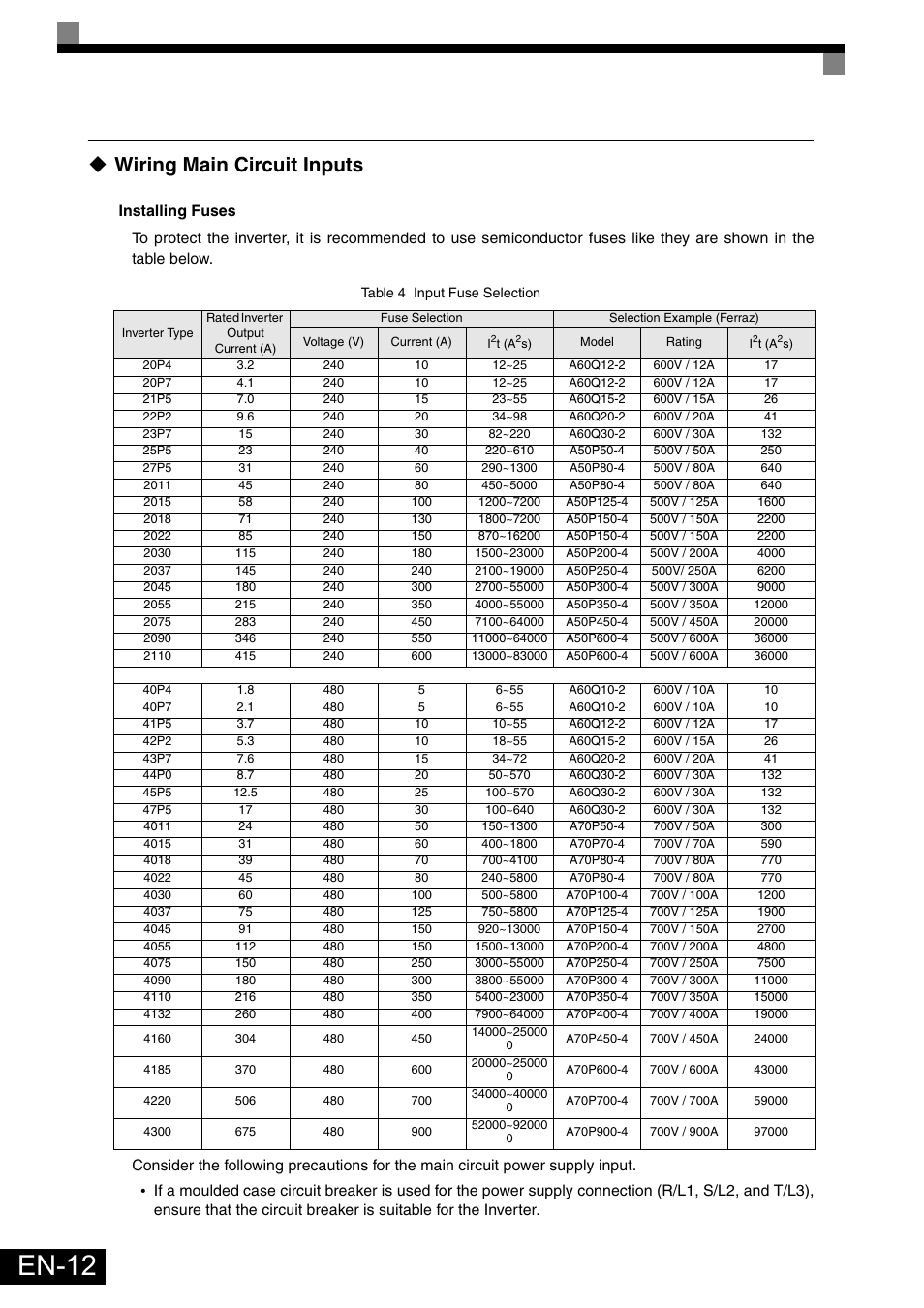 Wiring main circuit inputs, En-12 | Omron Healthcare VARISPEEDF7 User Manual | Page 13 / 25