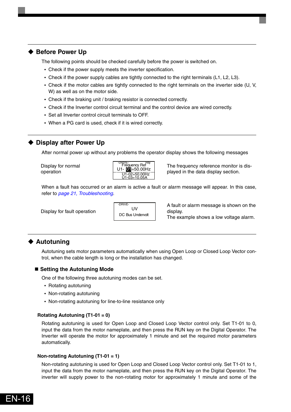 Before power up, Display after power up, Autotuning | En-16 | Omron Healthcare VARISPEEDF7 User Manual | Page 17 / 25