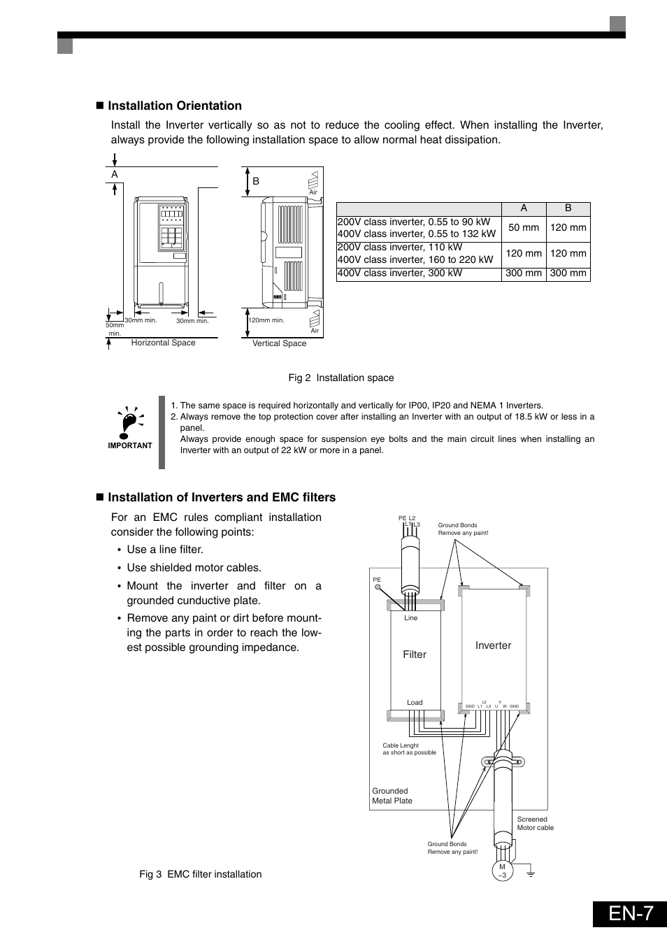 En-7, Installation orientation, Installation of inverters and emc filters | Use a line filter, Use shielded motor cables, Filter, Inverter | Omron Healthcare VARISPEEDF7 User Manual | Page 8 / 25