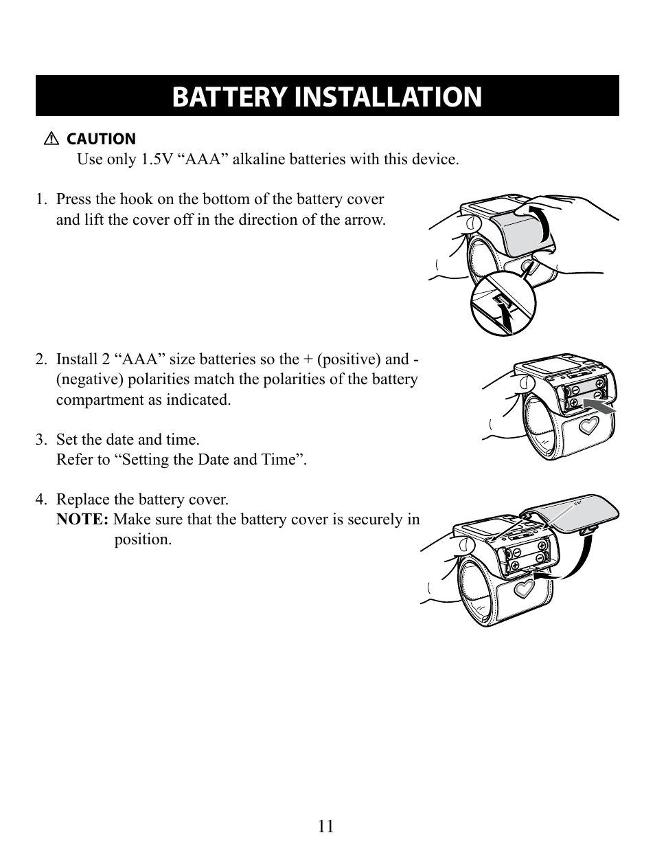 Battery installation | Omron Healthcare BP652 User Manual | Page 11 / 30
