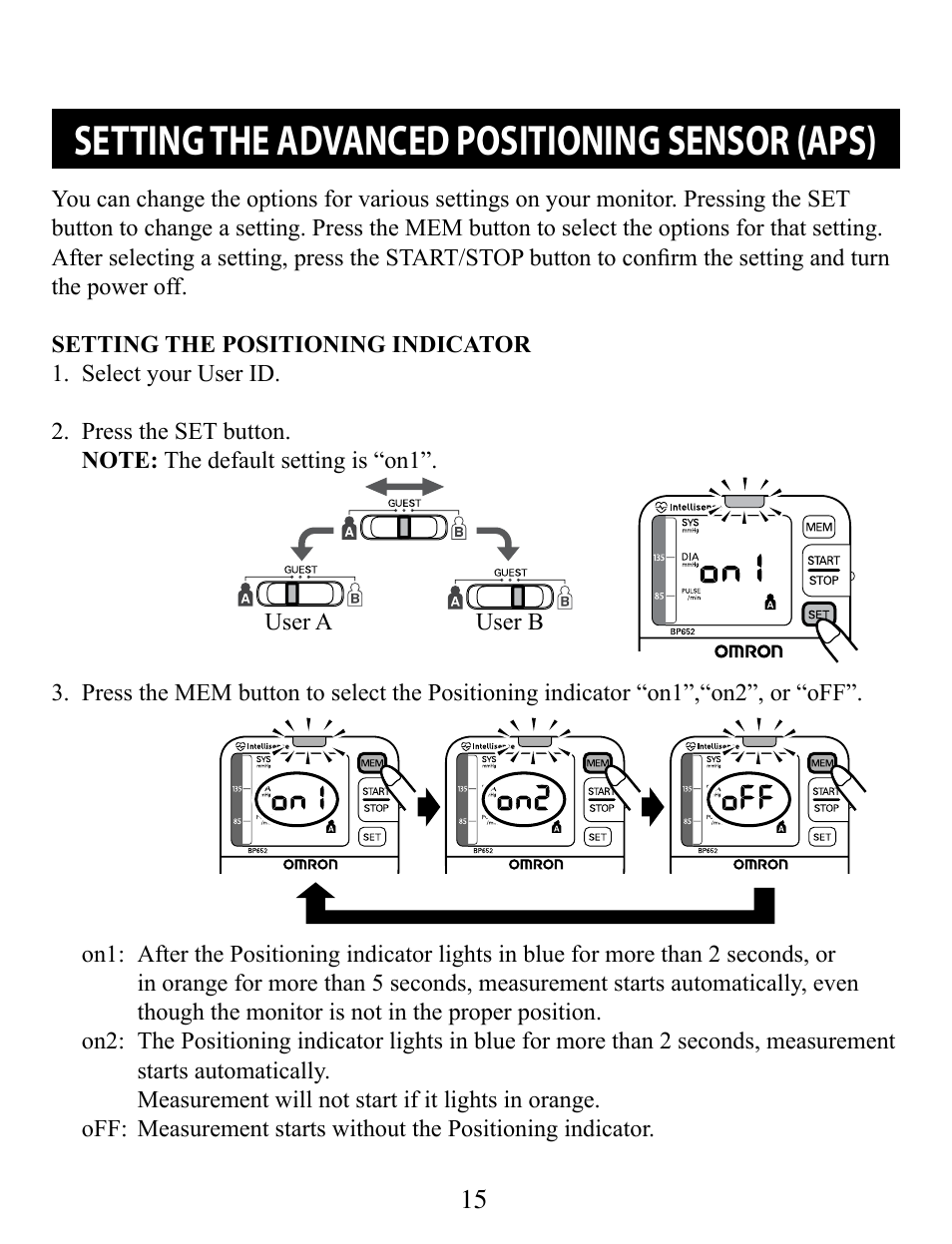 Setting the advanced positioning sensor (aps), Setting the positioning indicator | Omron Healthcare BP652 User Manual | Page 15 / 30