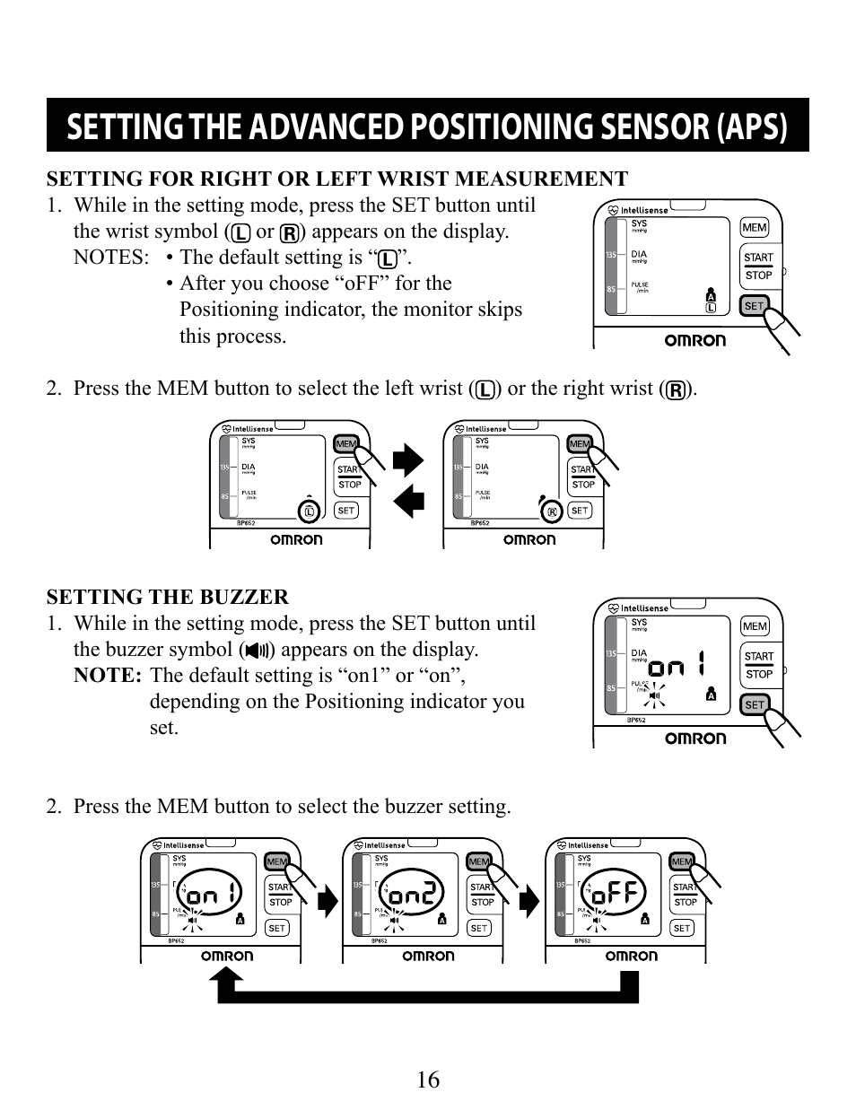 Setting for right or left wrist measurement, Setting the buzzer, Setting the advanced positioning sensor (aps) | Omron Healthcare BP652 User Manual | Page 16 / 30