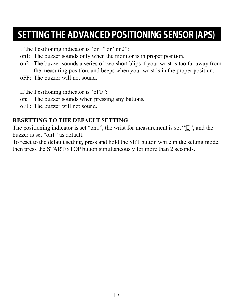 Resetting to the default setting, Setting the advanced positioning sensor (aps) | Omron Healthcare BP652 User Manual | Page 17 / 30