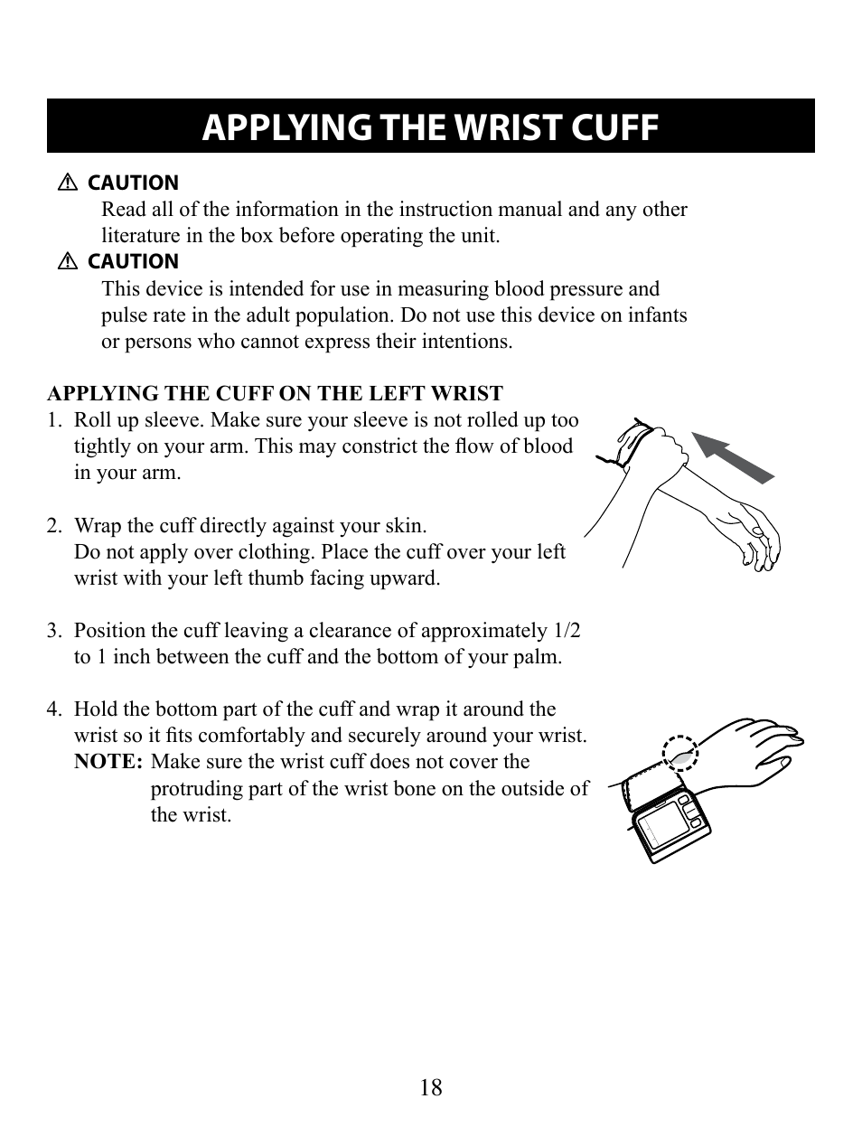 Applying the wrist cuff, Applying the cuff on the left wrist | Omron Healthcare BP652 User Manual | Page 18 / 30