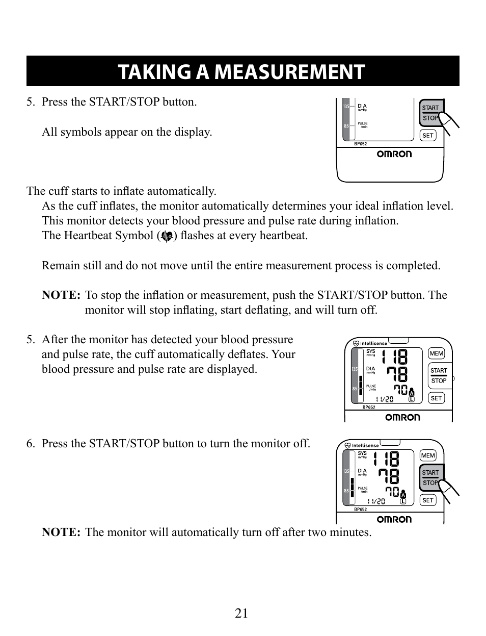 Taking a measurement | Omron Healthcare BP652 User Manual | Page 21 / 30