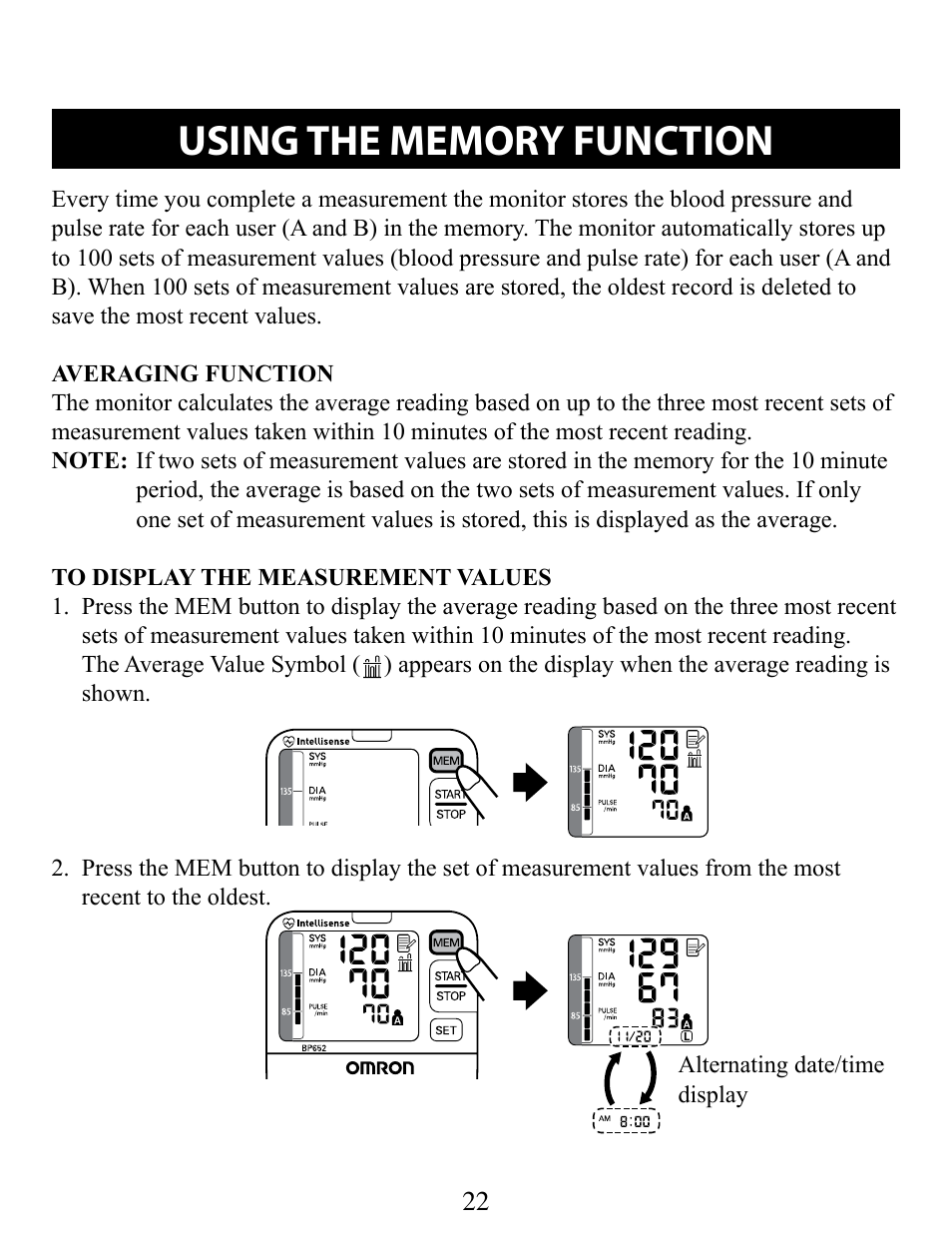 Using the memory function, Averaging function, To display the measurement values | Omron Healthcare BP652 User Manual | Page 22 / 30