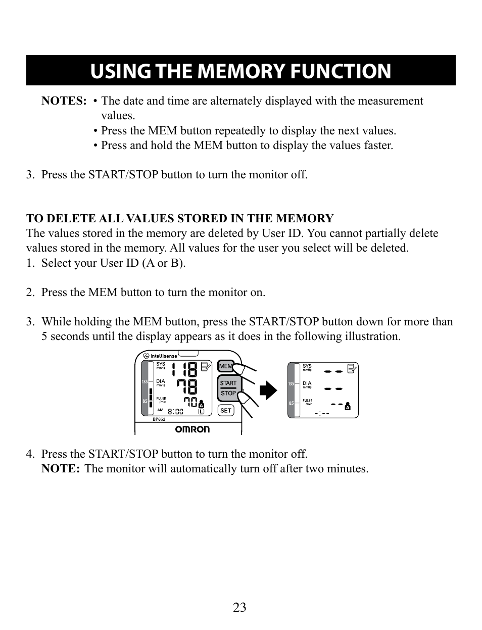 To delete all values stored in the memory | Omron Healthcare BP652 User Manual | Page 23 / 30