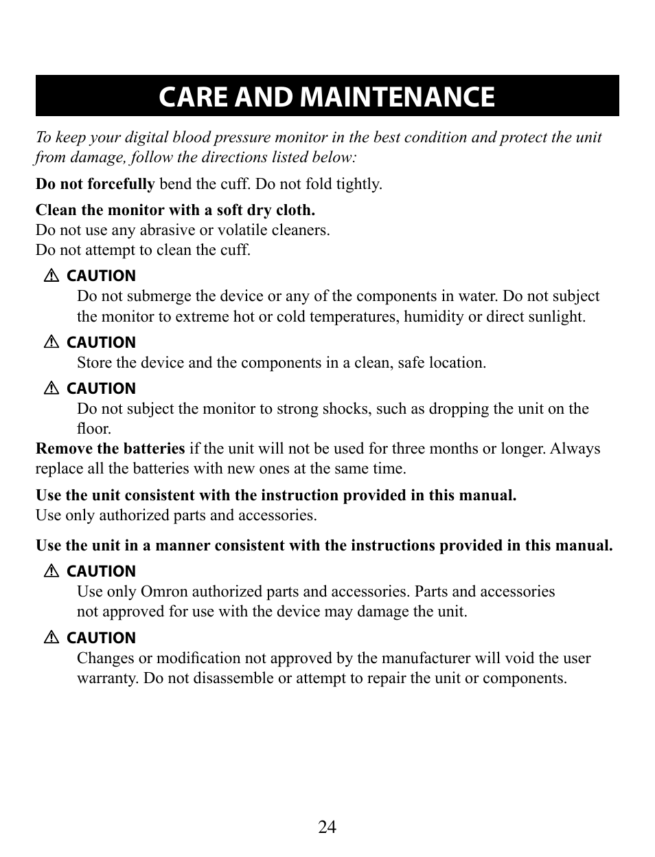 Care and maintenance | Omron Healthcare BP652 User Manual | Page 24 / 30