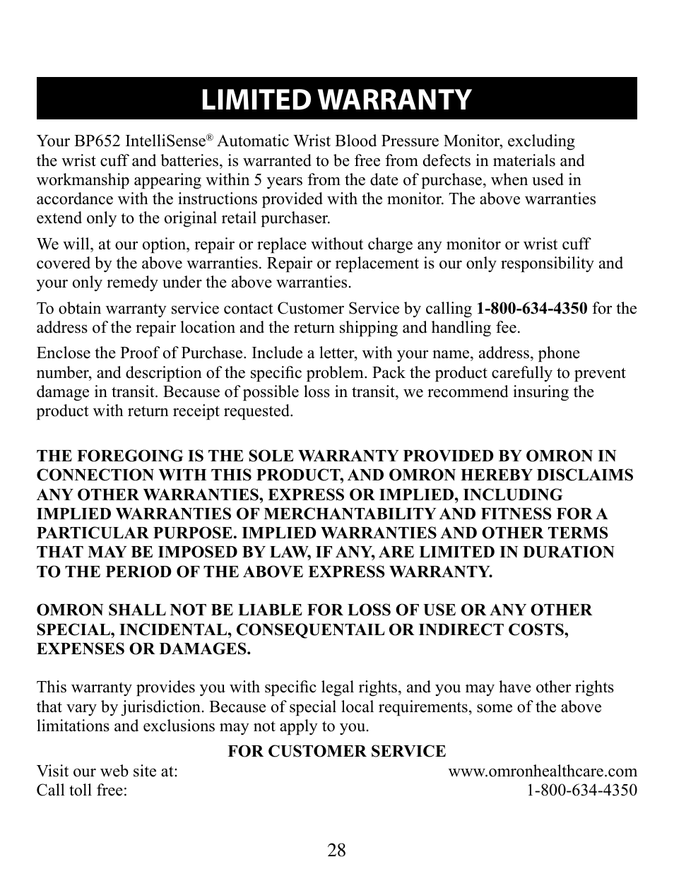 Limited warranty | Omron Healthcare BP652 User Manual | Page 28 / 30