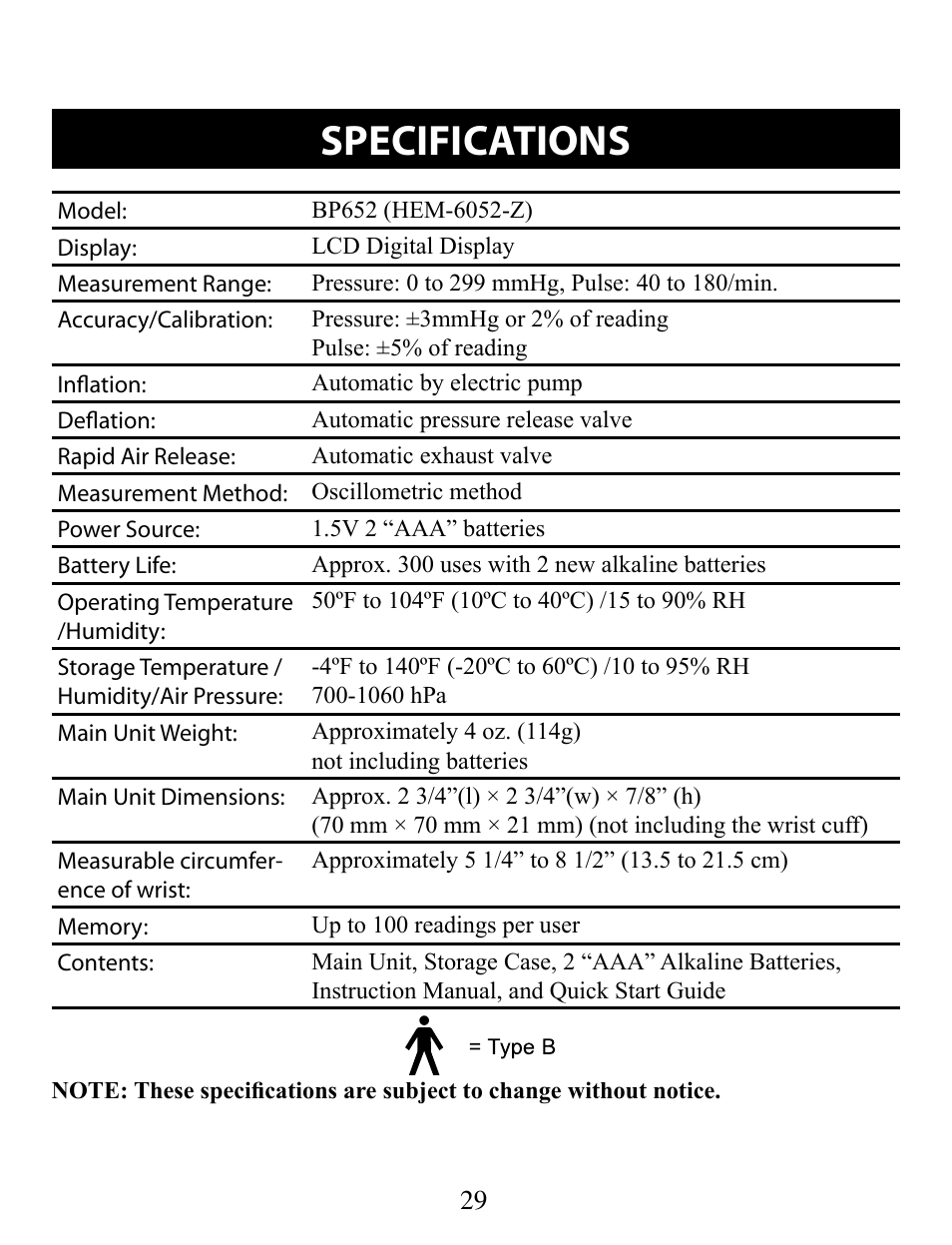 Specifications | Omron Healthcare BP652 User Manual | Page 29 / 30
