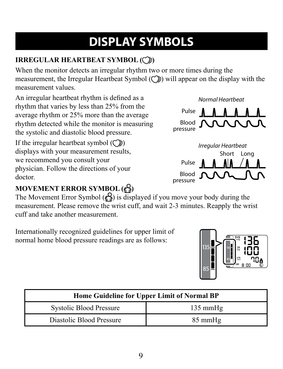 Display symbols, Irregular heartbeat symbol, Movement error symbol | Omron Healthcare BP652 User Manual | Page 9 / 30