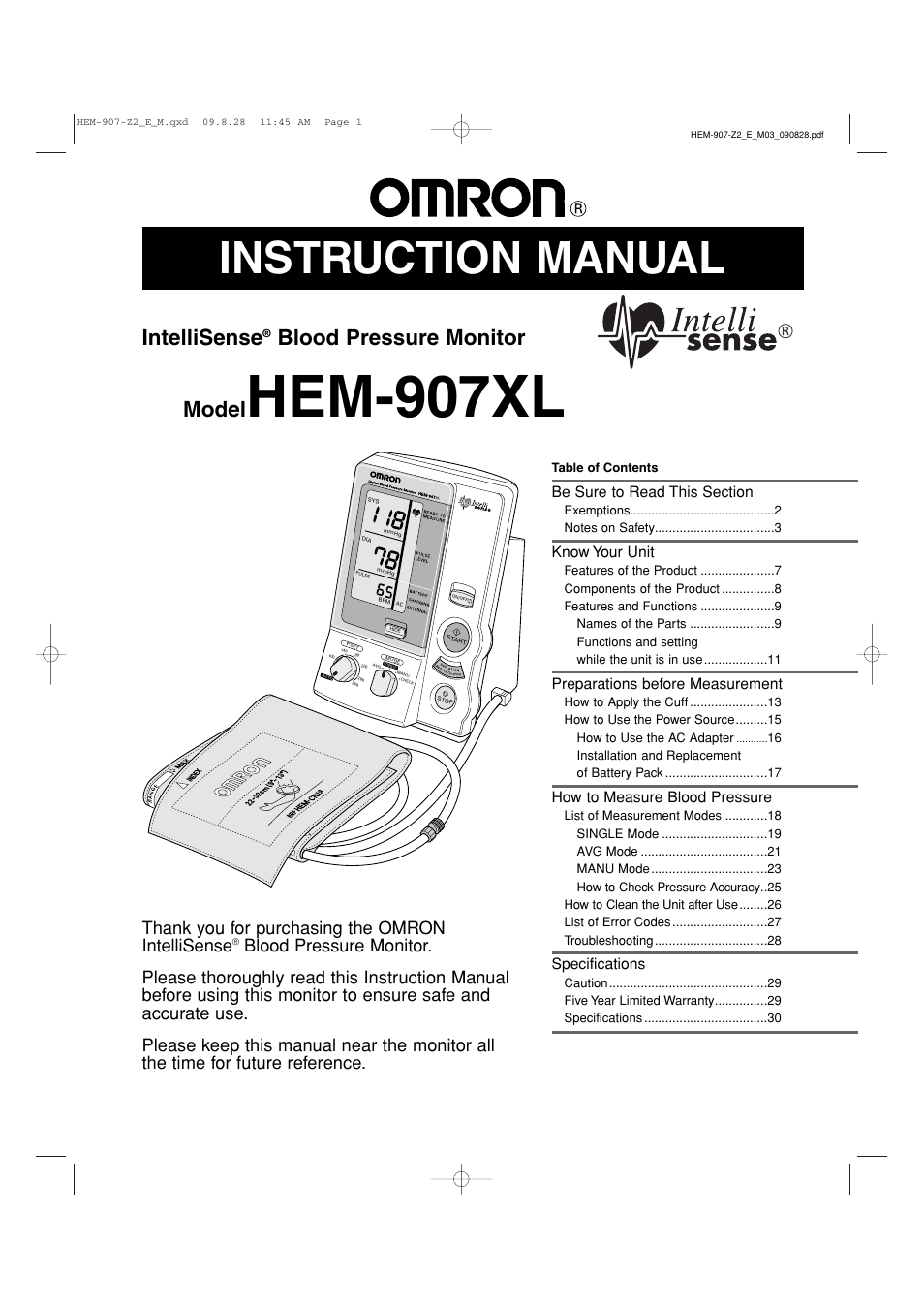 Omron Healthcare INTELLISENSE HEM-907XL User Manual | 32 pages