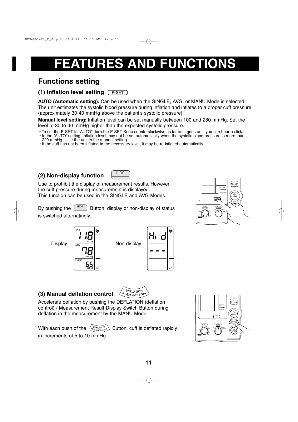 Features and functions, Functions setting, 1) inflation level setting | 2) non-display function, 3) manual deflation control, Display non-display, P-set, Hide | Omron Healthcare INTELLISENSE HEM-907XL User Manual | Page 11 / 32