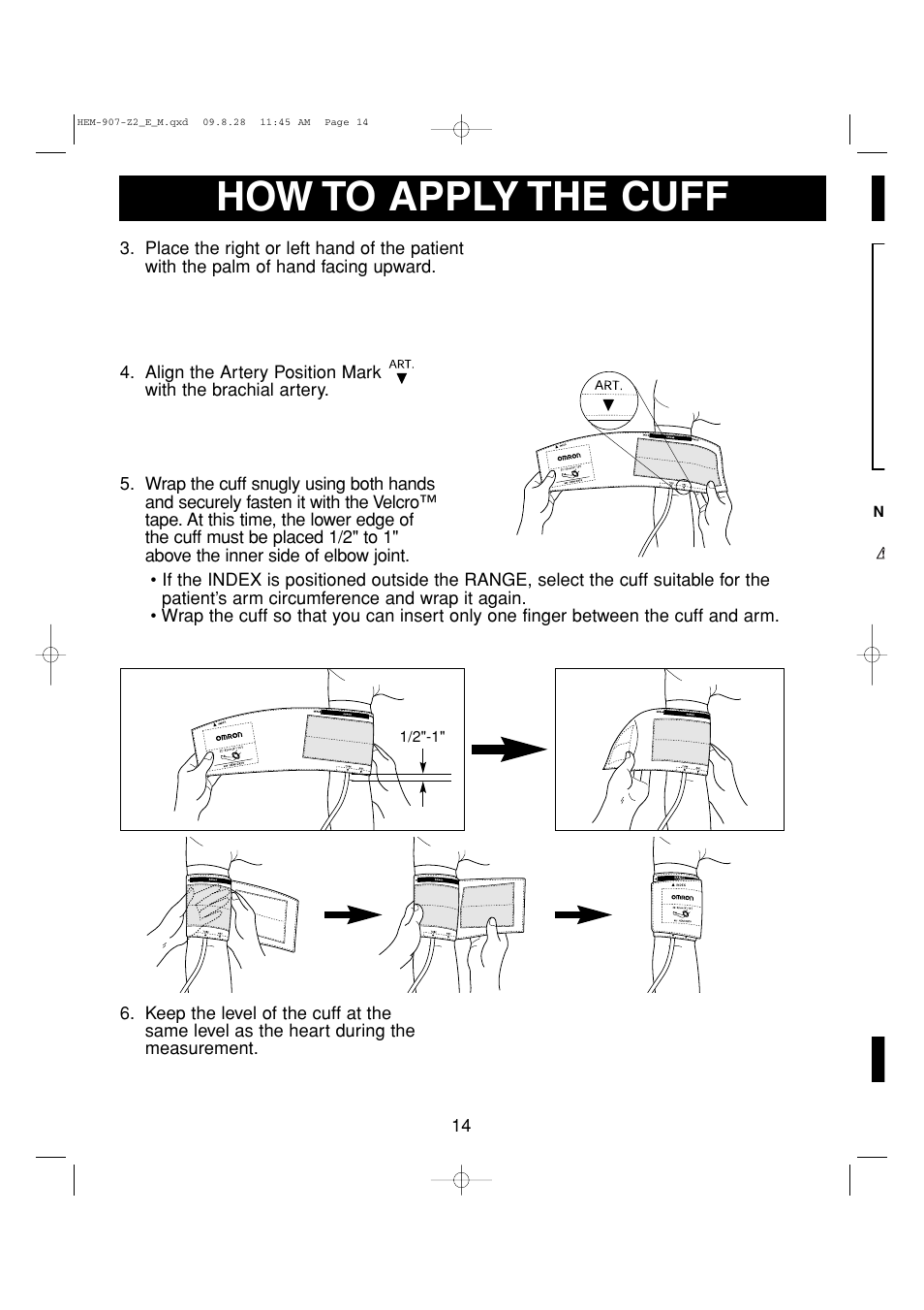 How to apply the cuff | Omron Healthcare INTELLISENSE HEM-907XL User Manual | Page 14 / 32