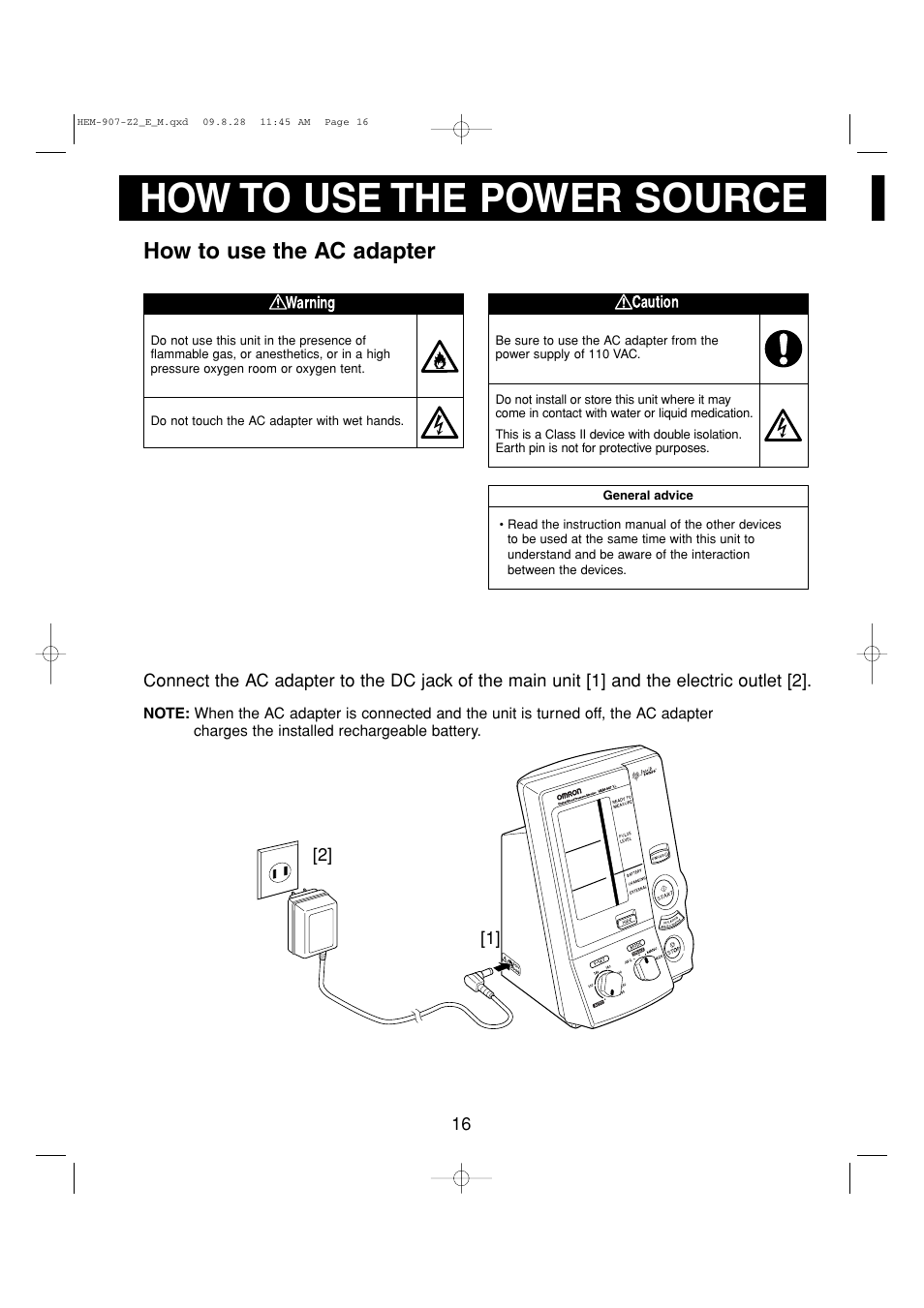 How to use the power source, How to use the ac adapter | Omron Healthcare INTELLISENSE HEM-907XL User Manual | Page 16 / 32