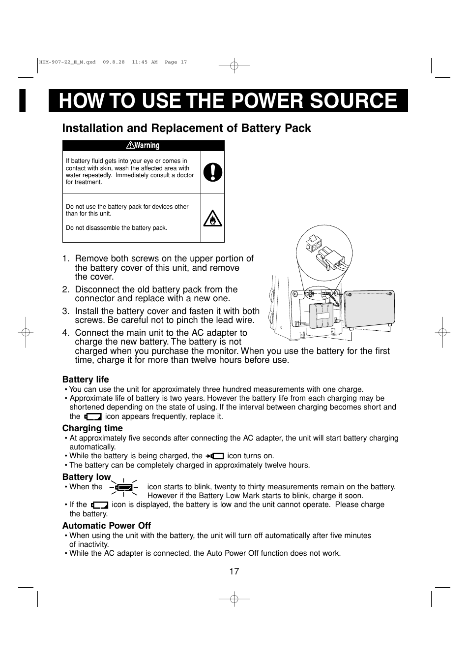 How to use the power source, Installation and replacement of battery pack | Omron Healthcare INTELLISENSE HEM-907XL User Manual | Page 17 / 32