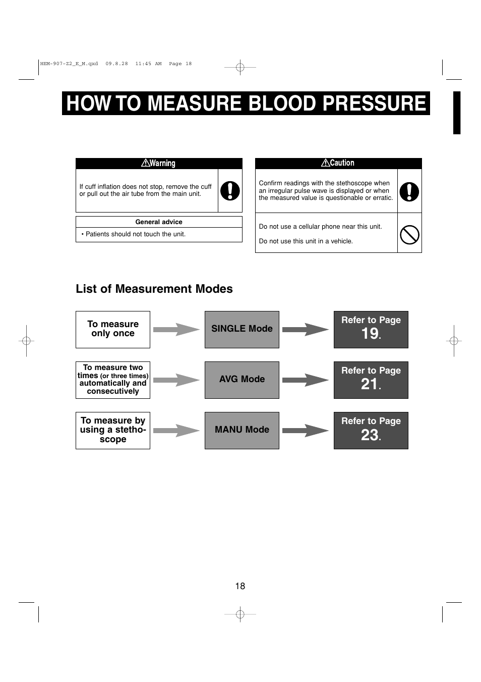 How to measure blood pressure, List of measurement modes | Omron Healthcare INTELLISENSE HEM-907XL User Manual | Page 18 / 32