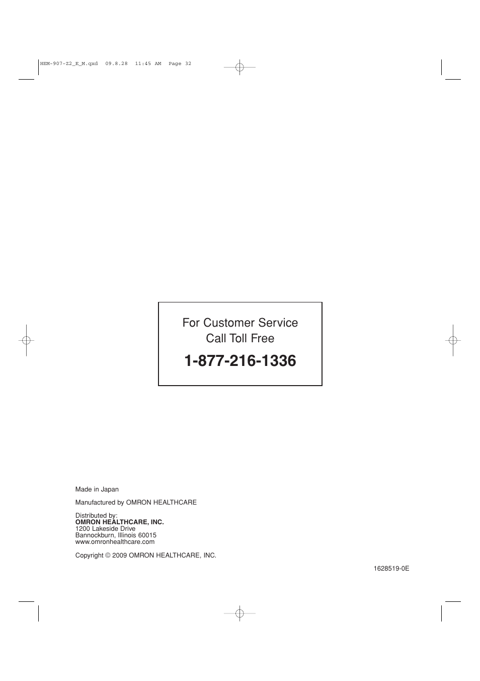 For customer service call toll free | Omron Healthcare INTELLISENSE HEM-907XL User Manual | Page 32 / 32