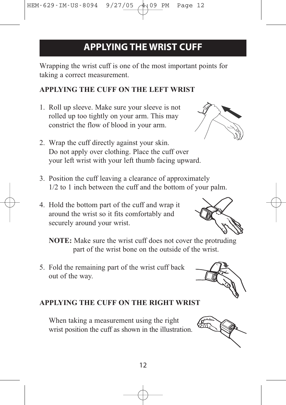 Applying the wrist cuff | Omron Healthcare HEM-629 User Manual | Page 12 / 48