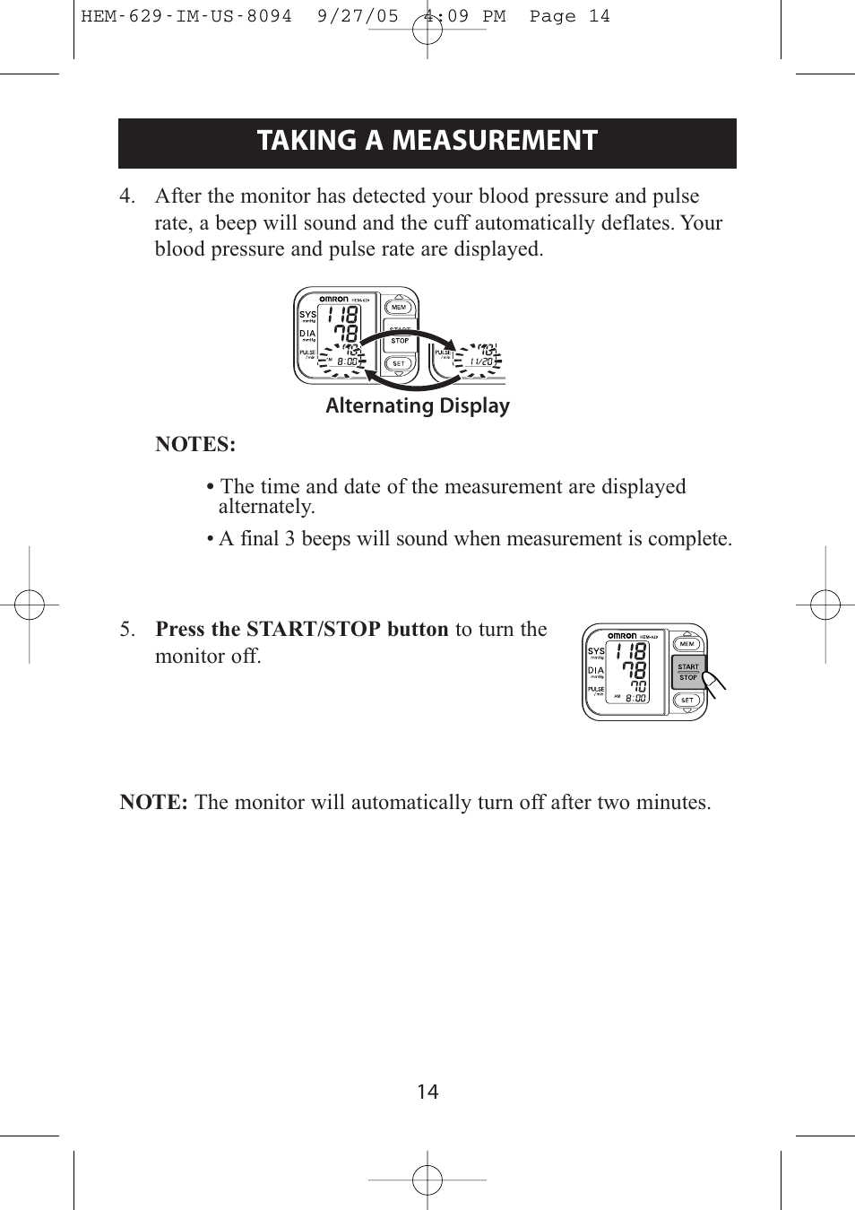 Taking a measurement | Omron Healthcare HEM-629 User Manual | Page 14 / 48