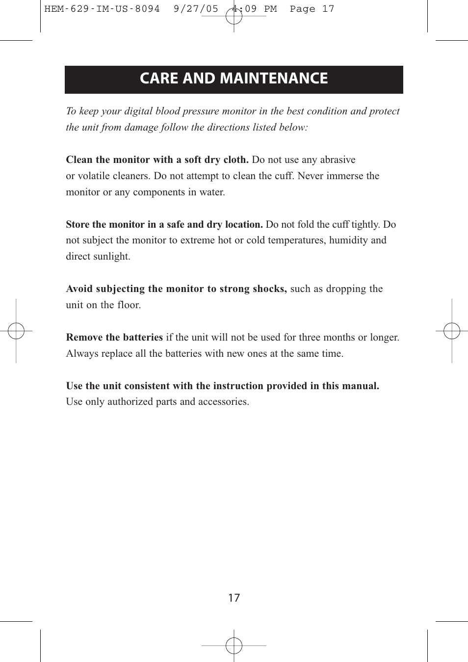 Care and maintenance | Omron Healthcare HEM-629 User Manual | Page 17 / 48