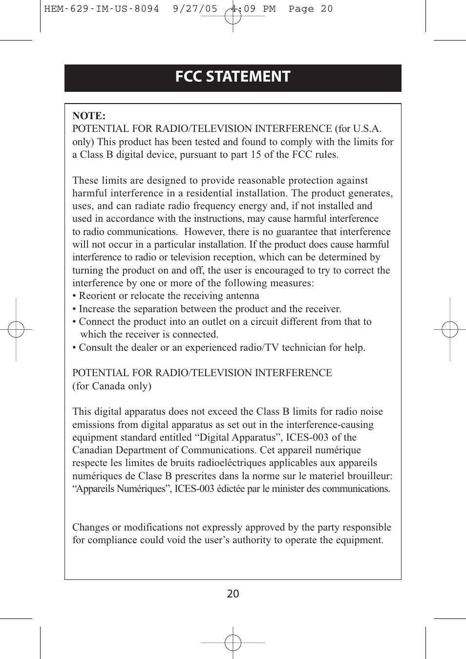 Fcc statement | Omron Healthcare HEM-629 User Manual | Page 20 / 48
