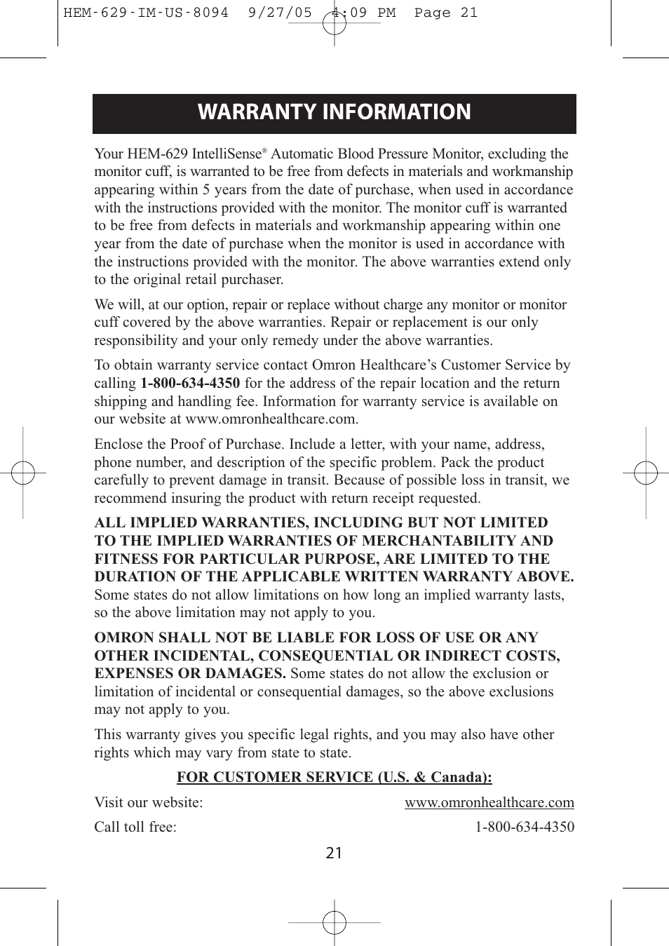 Warranty information | Omron Healthcare HEM-629 User Manual | Page 21 / 48