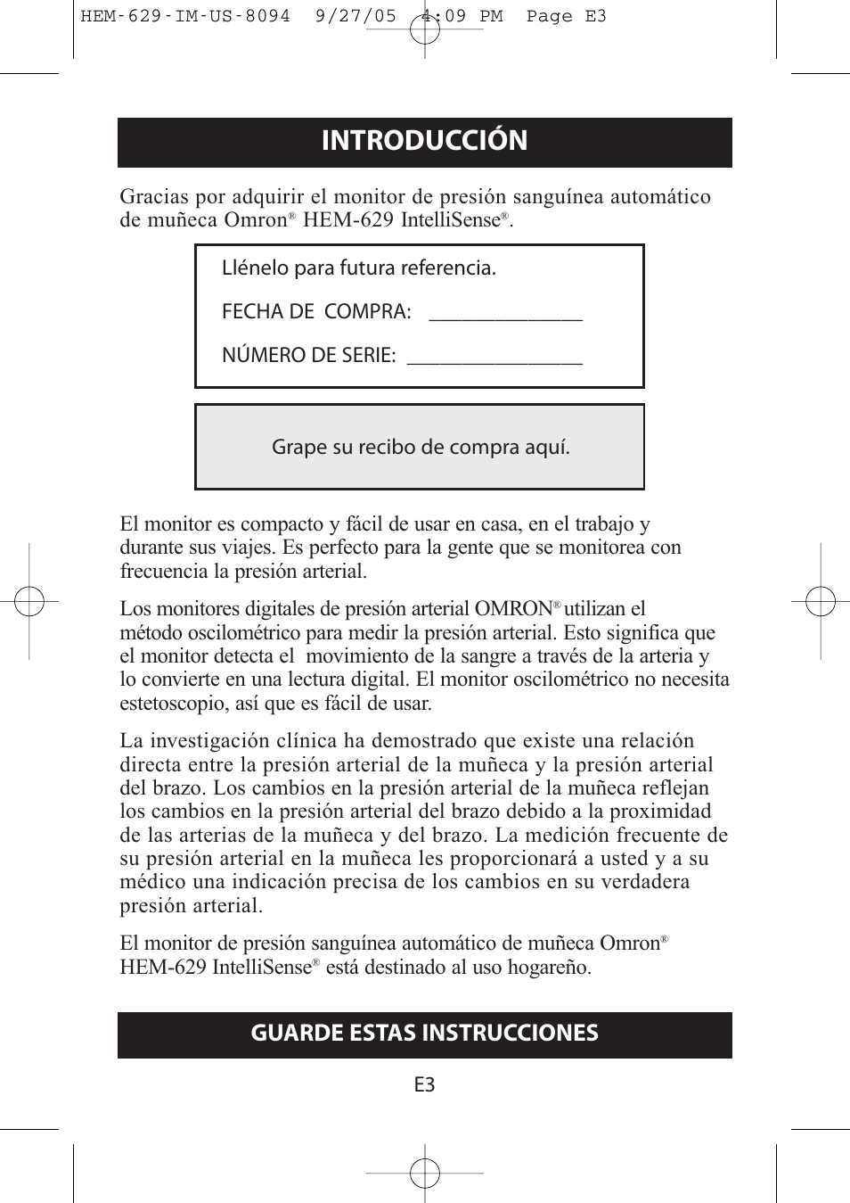 Introducción, Guarde estas instrucciones | Omron Healthcare HEM-629 User Manual | Page 27 / 48