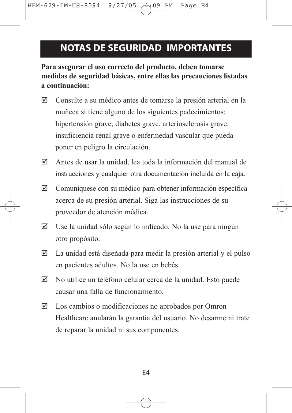 Notas de seguridad importantes | Omron Healthcare HEM-629 User Manual | Page 28 / 48