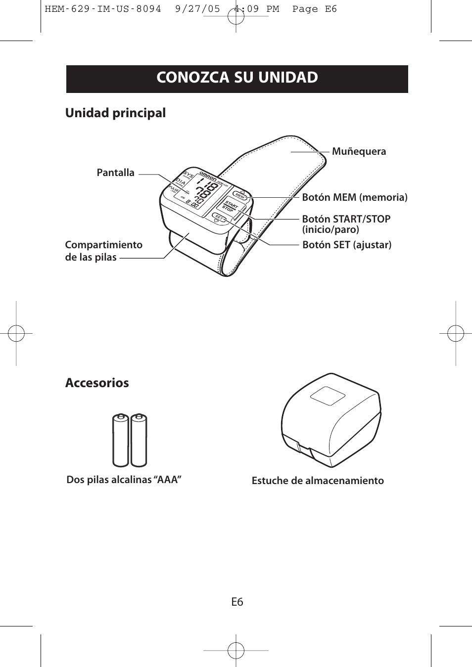 Conozca su unidad, Unidad principal accesorios | Omron Healthcare HEM-629 User Manual | Page 30 / 48