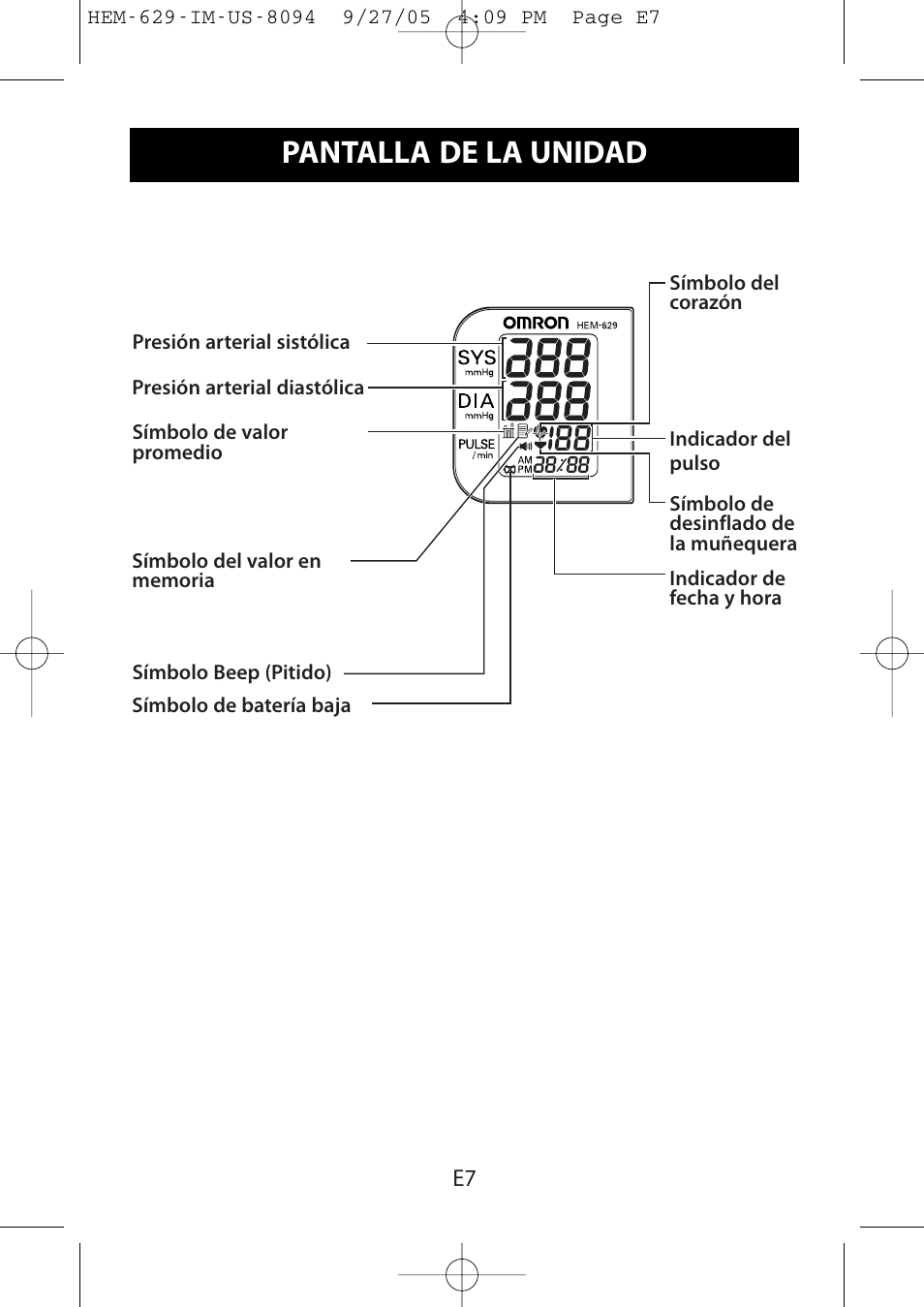 Pantalla de la unidad | Omron Healthcare HEM-629 User Manual | Page 31 / 48