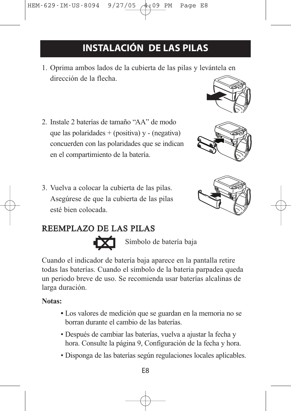 Instalación de las pilas, Símbolo de batería baja | Omron Healthcare HEM-629 User Manual | Page 32 / 48