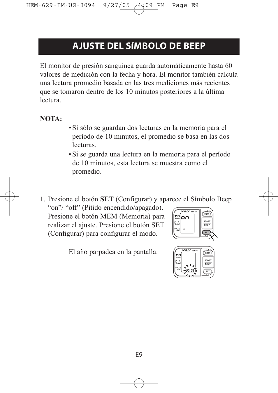 Ajuste del símbolo de beep | Omron Healthcare HEM-629 User Manual | Page 33 / 48