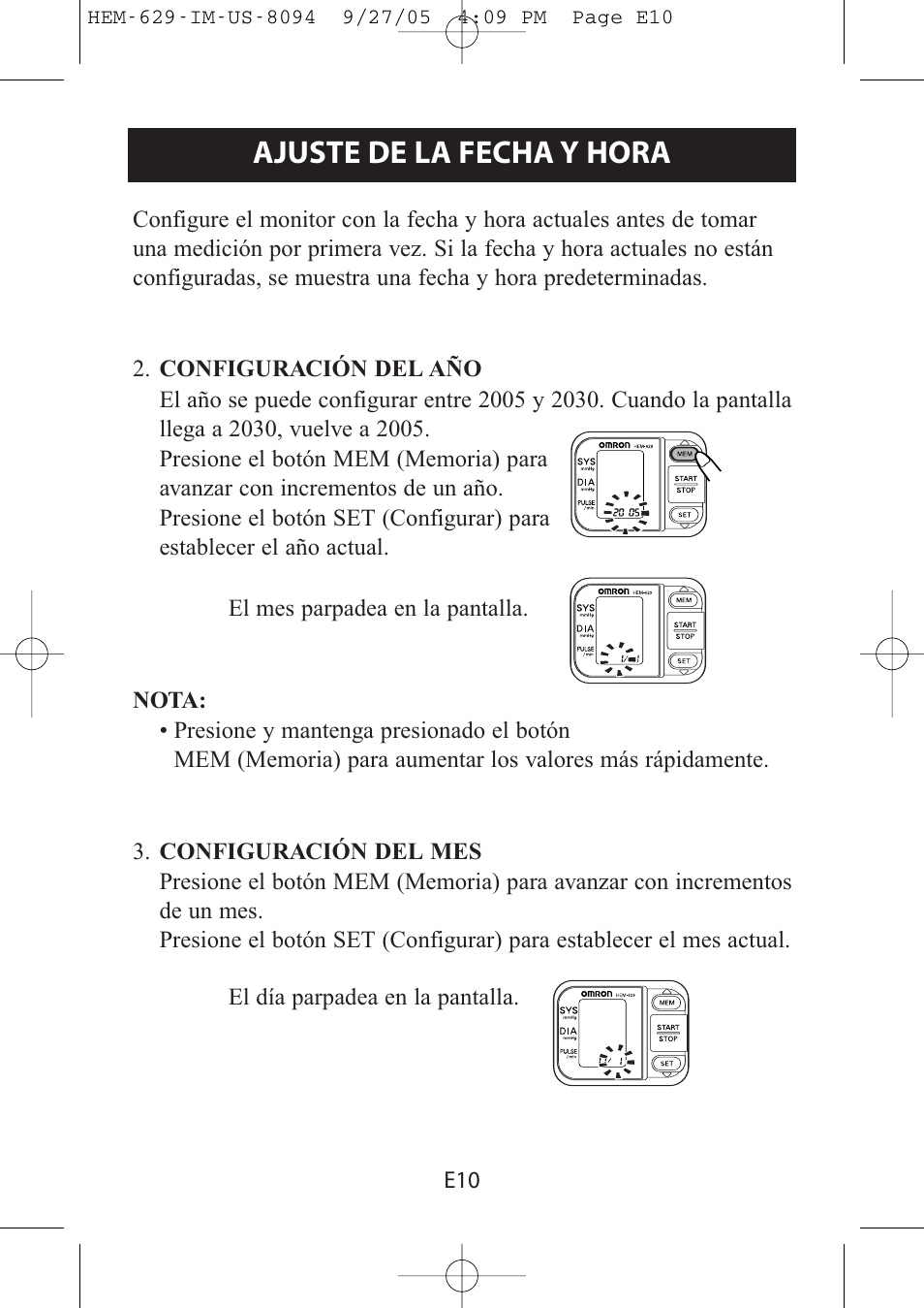 Ajuste de la fecha y hora | Omron Healthcare HEM-629 User Manual | Page 34 / 48