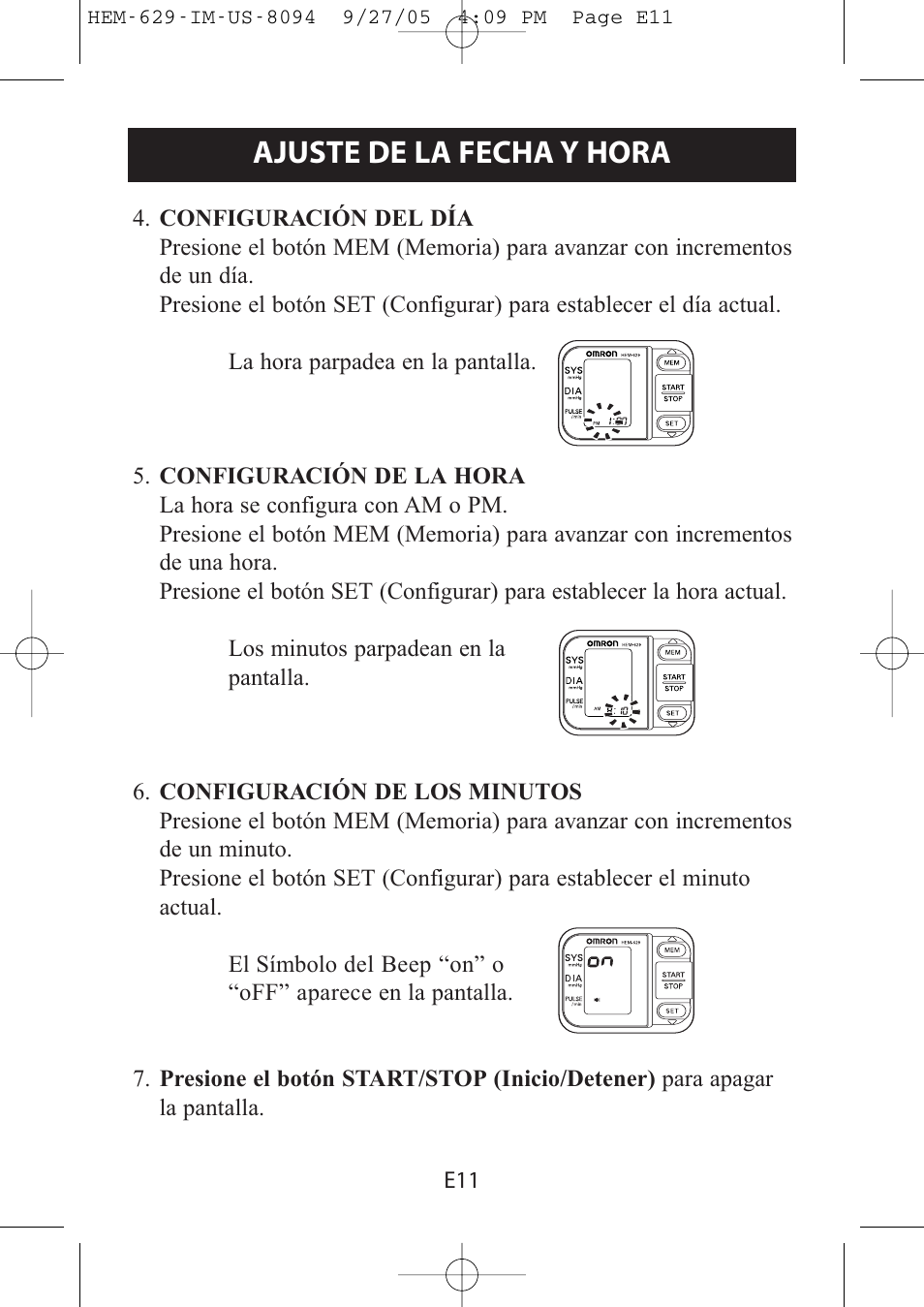 Ajuste de la fecha y hora | Omron Healthcare HEM-629 User Manual | Page 35 / 48