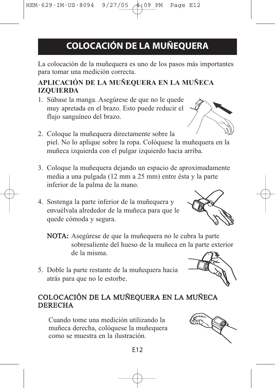Colocación de la muñequera | Omron Healthcare HEM-629 User Manual | Page 36 / 48
