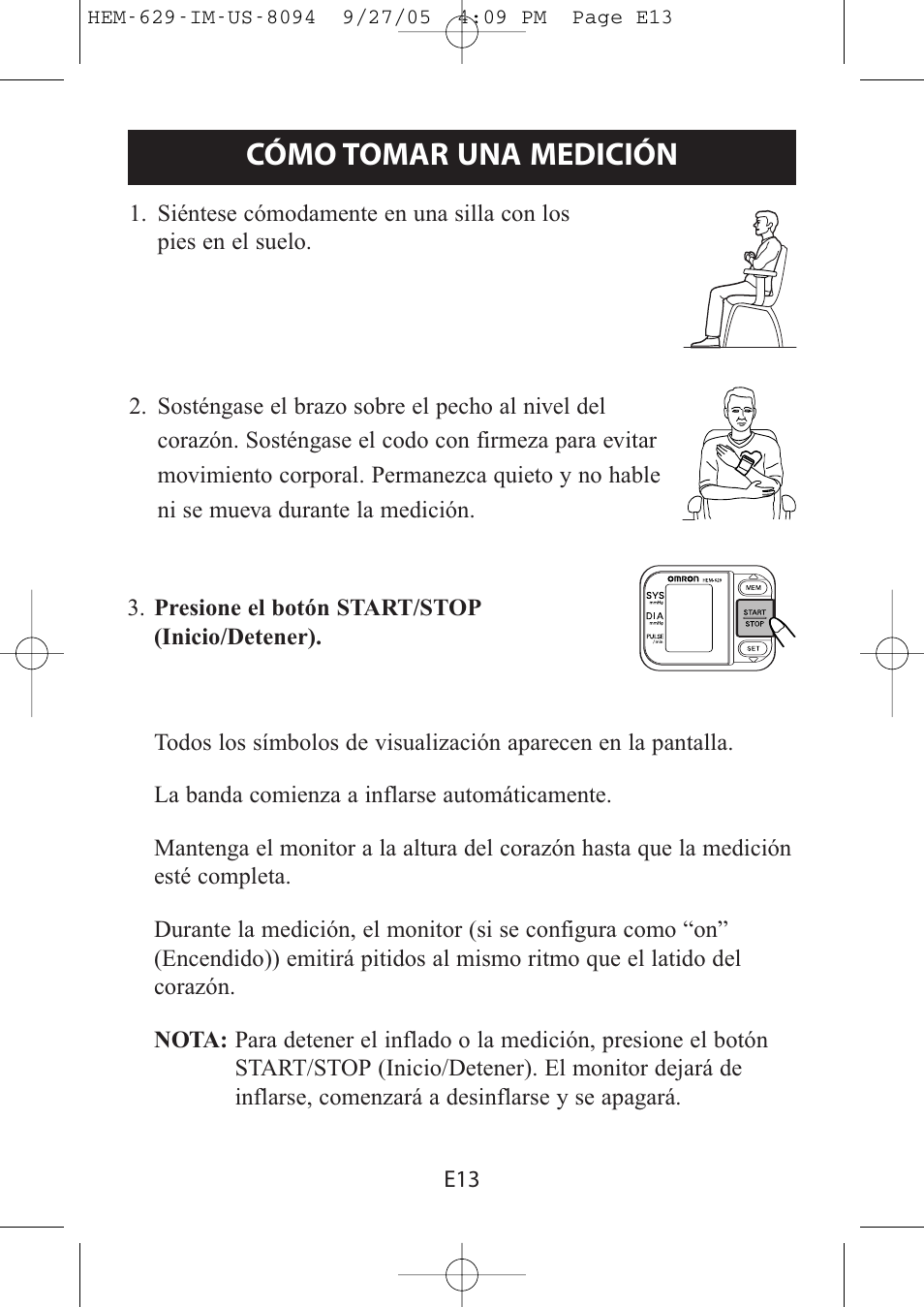Cómo tomar una medición | Omron Healthcare HEM-629 User Manual | Page 37 / 48