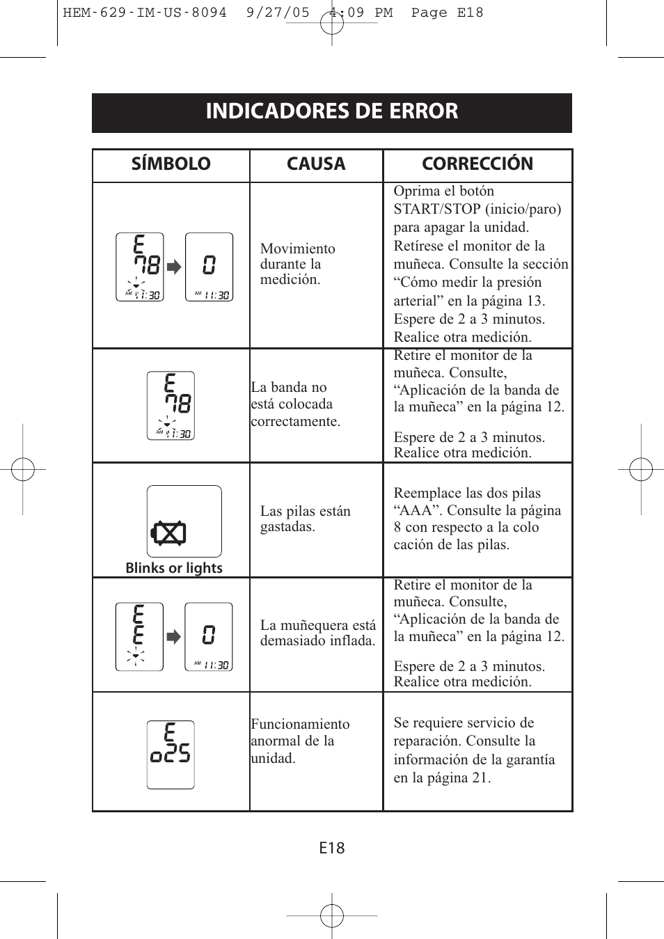 Indicadores de error, Símbolo causa corrección | Omron Healthcare HEM-629 User Manual | Page 42 / 48
