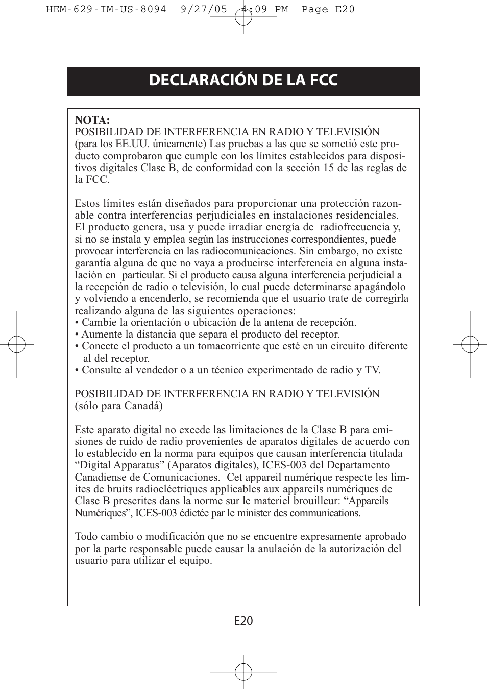 Declaración de la fcc | Omron Healthcare HEM-629 User Manual | Page 44 / 48