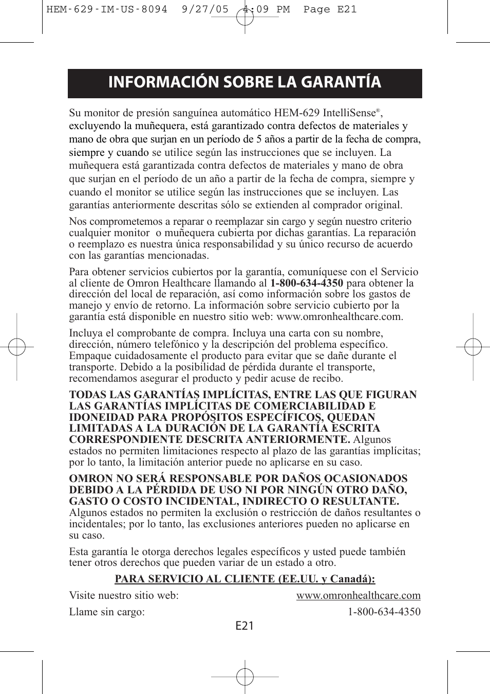 Información sobre la garantía | Omron Healthcare HEM-629 User Manual | Page 45 / 48